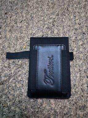 Black minimalist elastic and faux leather card holder